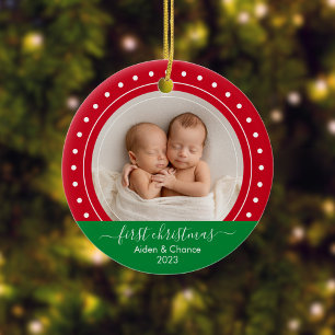 Erstes Weihnachten des Babys Rote und Grüne Punkte Keramik Ornament