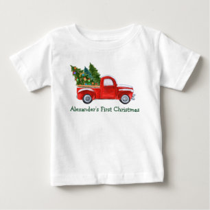 Erstes Weihnachten des Babys roter LKW grüner Name Baby T-shirt