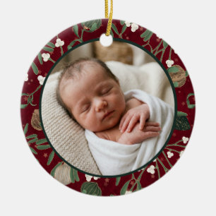 Erstes Weihnachten des Babys Vintage Rotes Florale Keramik Ornament