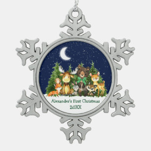 Erstes Weihnachten des Babys Waldtiere Grüner Boge Schneeflocken Zinn-Ornament