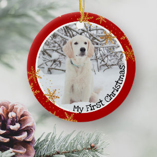Erstes Weihnachten des Hundes rote goldene Schneef Keramik Ornament