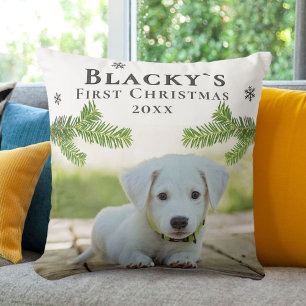 Erstes Weihnachten des Welpen Tannen Zweig Hund Fo Kissen