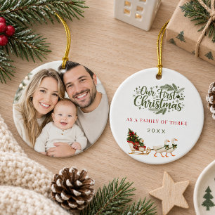 Erstes Weihnachten Familie von Drei Foto Gans Keramik Ornament