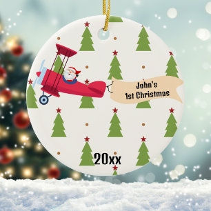 Erstes Weihnachten Flugzeug & Santa Bäume Junge Be Keramik Ornament