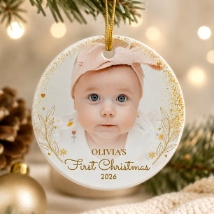 Erstes Weihnachten Foto Name Jahr Gold Keramik Ornament