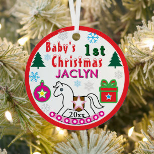 Erstes Weihnachten Frieden Weiß Schaukelpferd Mädc Ornament Aus Metall