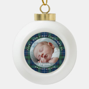 Erstes Weihnachten Großeltern Blau Grün Kariert Fo Keramik Kugel-Ornament