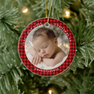 Erstes Weihnachten Großeltern Buffalo Checks Foto Keramik Ornament