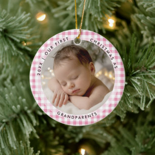 Erstes Weihnachten Großeltern Pink Gingham 2 Foto Keramik Ornament