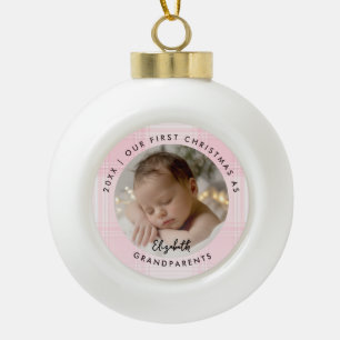 Erstes Weihnachten Großeltern Rosa Kariert Baby-Fo Keramik Kugel-Ornament