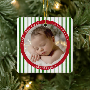 Erstes Weihnachten Großeltern Rot Grün Streifen Fo Keramikornament