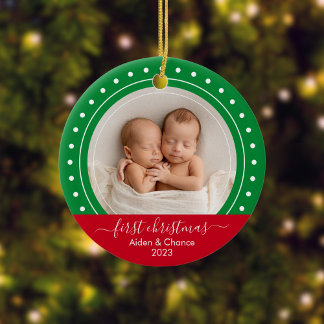 Erstes Weihnachten Grün und Rote Punkte Keramik Ornament