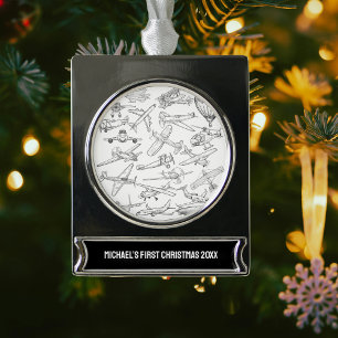 Erstes Weihnachten Handgezeichnete Flugzeuge Luftf Banner-Ornament Silber