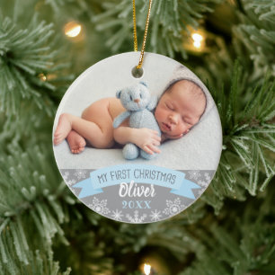 Erstes Weihnachten Hellblauer Baby-Junge-Foto Keramik Ornament