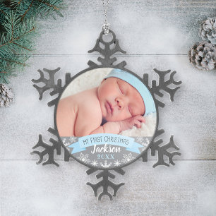 Erstes Weihnachten Hellblauer Baby-Junge-Foto Schneeflocken Zinn-Ornament
