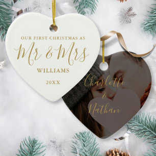 Erstes Weihnachten Herr Frau Gold Signature Schrif Keramik Ornament