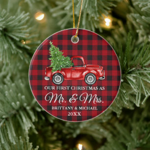 Erstes Weihnachten Herr und Frau Truck Rot Kariert Keramik Ornament