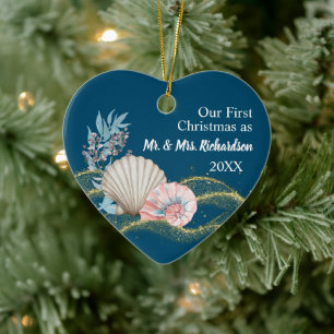 Erstes Weihnachten (Hochzeit) Muschel-Herz-Ornamen Keramik Ornament