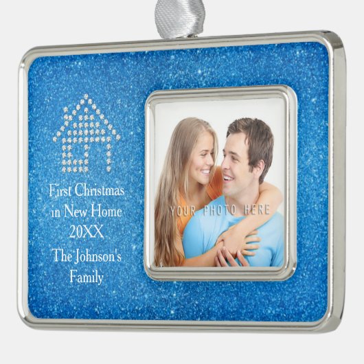 Erstes Weihnachten im neuen blauen Glitzer des Rahmen-Ornament Silber (Links)