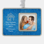 Erstes Weihnachten im neuen blauen Glitzer des Rahmen-Ornament Silber (Vorderseite)