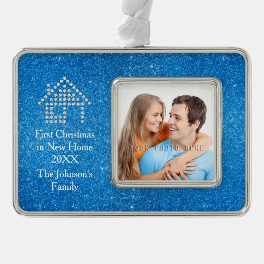 Erstes Weihnachten im neuen blauen Glitzer des Rahmen-Ornament Silber (Vorderseite)