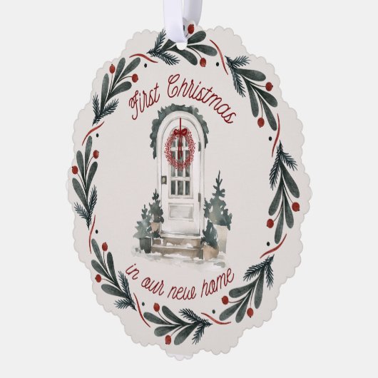 Erstes Weihnachten im neuen Zuhause Wasserfarbe Kr Ornament Karte (Links)