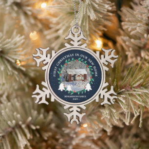 Erstes Weihnachten in unserem neuen Zuhause Hausfo Schneeflocken Zinn-Ornament