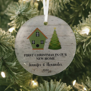 Erstes Weihnachten in unserem neuen Zuhause Holz V Ornament Aus Glas