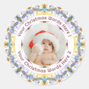 Erstes Weihnachten Lila Gelb Familienfoto Geschenk Runder Aufkleber