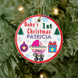 Erstes Weihnachten Mädchen Babywagen NAME Keramik Ornament