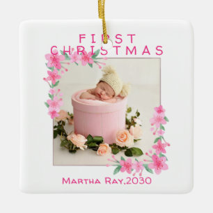 Erstes Weihnachten Mädchen Rosa Blumenrahmen Keramikornament