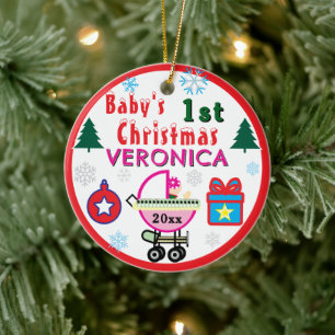 Erstes Weihnachten Mädchen Rosa Hut NAME Keramik Ornament