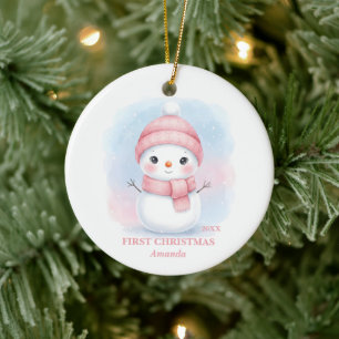 Erstes Weihnachten Mädchen Rosa Schneemann Foto Keramik Ornament