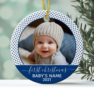 Erstes Weihnachten meines Babys - Blau Weiße Tupfe Keramik Ornament