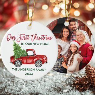 Erstes Weihnachten neues Zuhause roter LKW FOTO Keramik Ornament