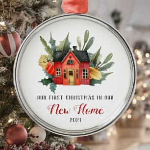 Erstes Weihnachten neues Zuhause Wasserfarbenhaus  Ornament Aus Metall