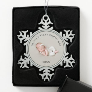 Erstes Weihnachten Neugeborenes Foto Baby Name And Schneeflocken Zinn-Ornament