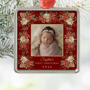 Erstes Weihnachten Poinsettien-Foto vom Baby Ornament Aus Metall