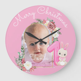 Erstes Weihnachten Rosa Baby Mädchen Foto floral Große Wanduhr