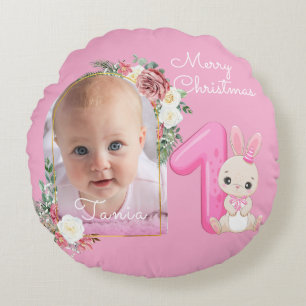 Erstes Weihnachten Rosa Baby Mädchen Foto floral Rundes Kissen