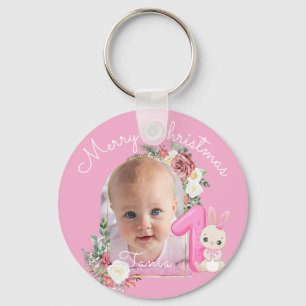 Erstes Weihnachten Rosa Baby Mädchen Foto floral Schlüsselanhänger