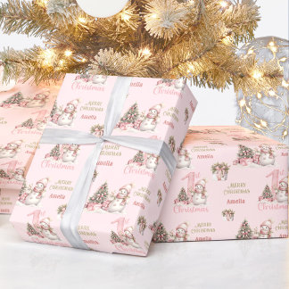 Erstes Weihnachten Rosa Vintage Schneemann Mädchen Geschenkpapier