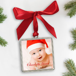 Erstes Weihnachten Rot Schriftzug Baby-Foto Silbernes Ornament