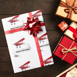 Erstes Weihnachten Santa fliegt Flugzeug Personali Geschenkpapier