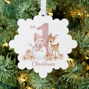 Erstes Weihnachten Schneemann Reh Mädchen Ornament Karte