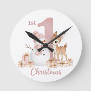 Erstes Weihnachten Schneemann Reh Mädchen Runde Wanduhr