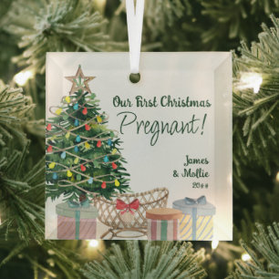 Erstes Weihnachten Schwangerer Weihnachtsbaum und Ornament Aus Glas