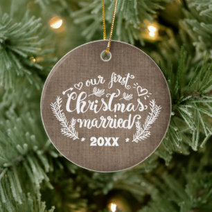 Erstes Weihnachten Verheiratet Foto Andenken Keramik Ornament
