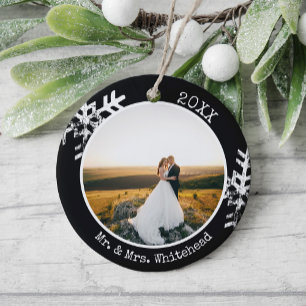 Erstes Weihnachten Verheiratet Foto Moderne Schnee Keramik Ornament