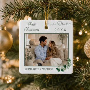 Erstes Weihnachten verheiratet Herr Frau Foto Grün Keramikornament